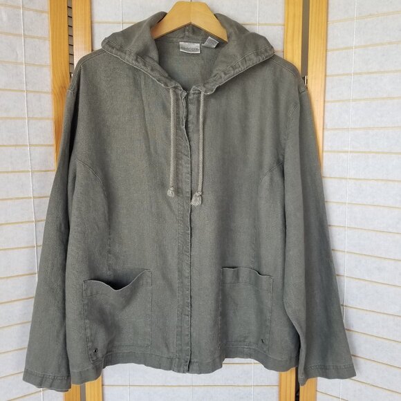 Chico's Jacket Army Green Zip Up 100% Linen Hooded Relaxed Fit Size 3/XL - Picture 1 of 7